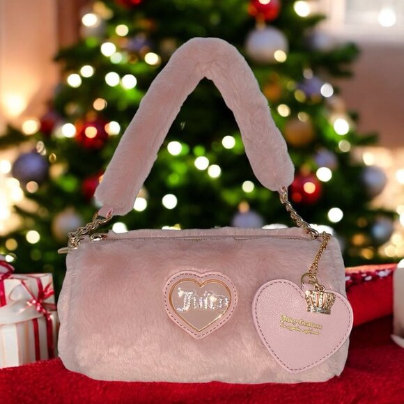 Juicy Couture Pink Warm Up Faux Fur Small Handbag & Heart Purse Charm NWT - Picture 1 of 11